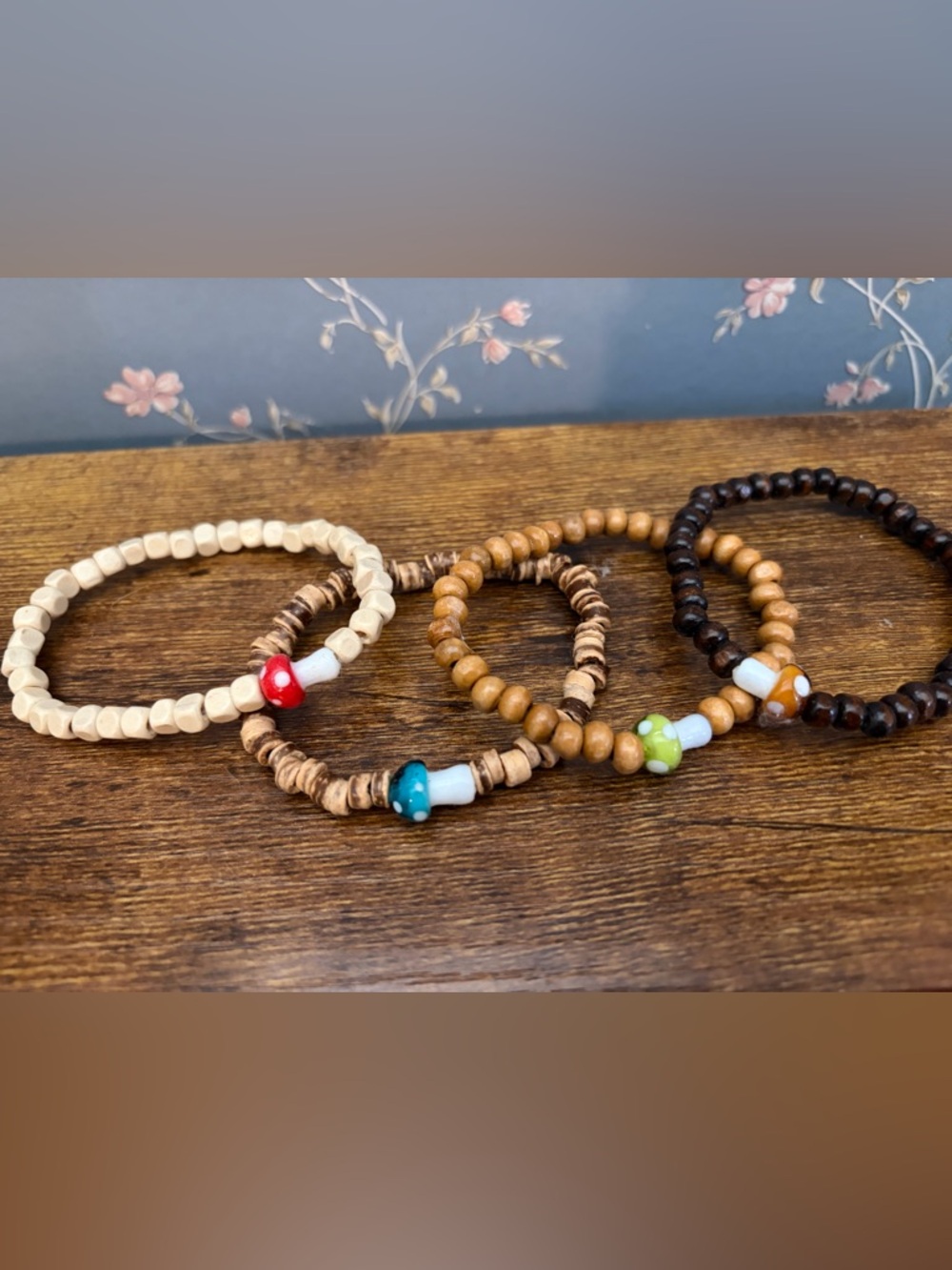 Boho Wooden Bead Stretch Bracelets with Colorful Mushroom Accent - Picture 1 of 1
